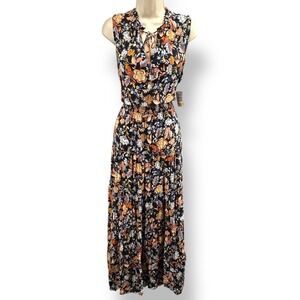 MSK Medium NWT Floral Maxi Dress Ruffle Neck Tie Keyhole Boho Costal Grandma